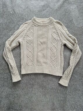 L.L. Bean Signature Cream Cable Knit Cropped Cotton Sweater XS